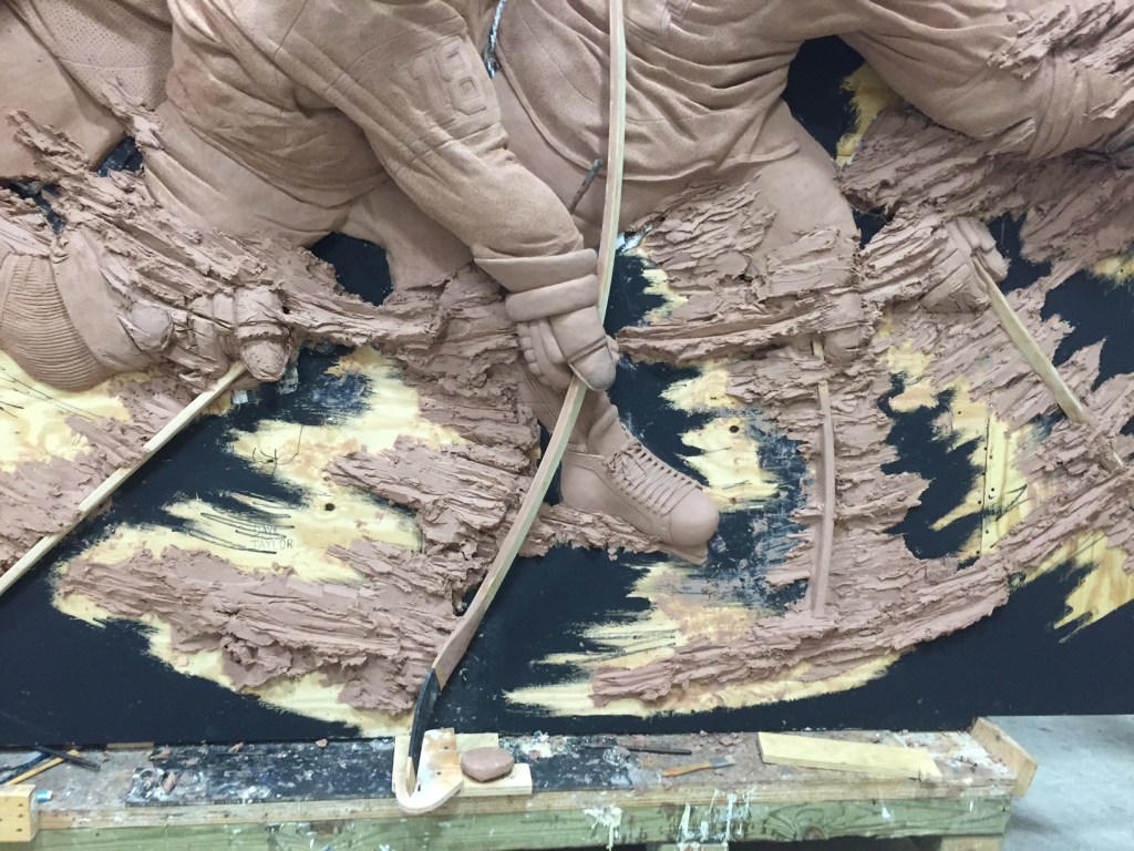 Clay sculpture in progress for LA Kings 50th Anniversary Monument at Staples Center by artist Julie Rotblatt-Amrany