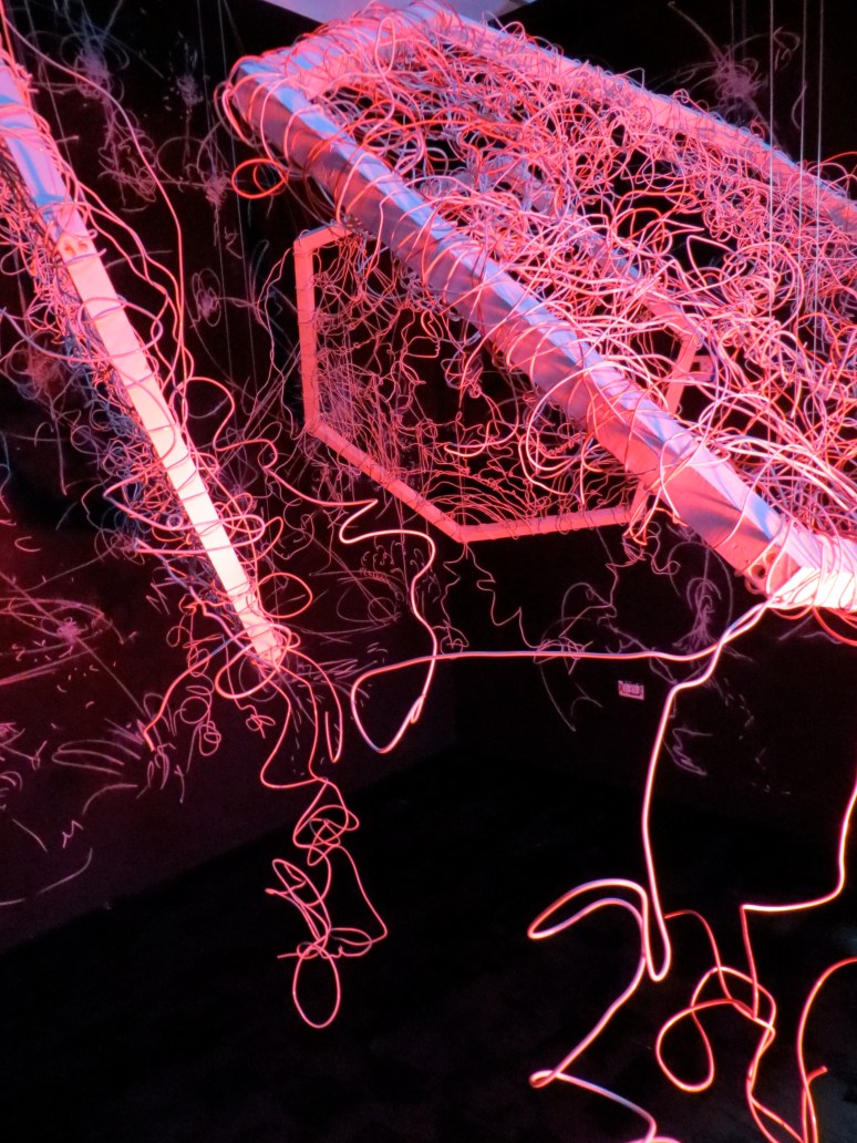 Wood, wire black paint and chalk. 10 feet high x 8 feet depth x 9 feet wide