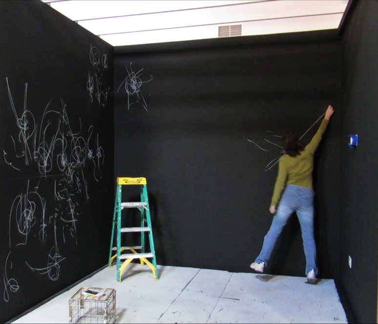 Wood, wire black paint and chalk. 10 feet high x 8 feet depth x 9 feet wide