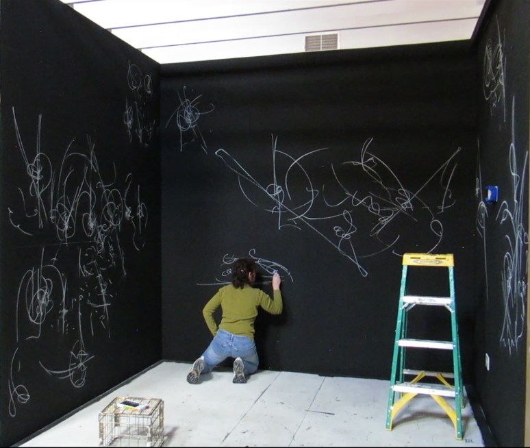 Wood, wire black paint and chalk. 10 feet high x 8 feet depth x 9 feet wide