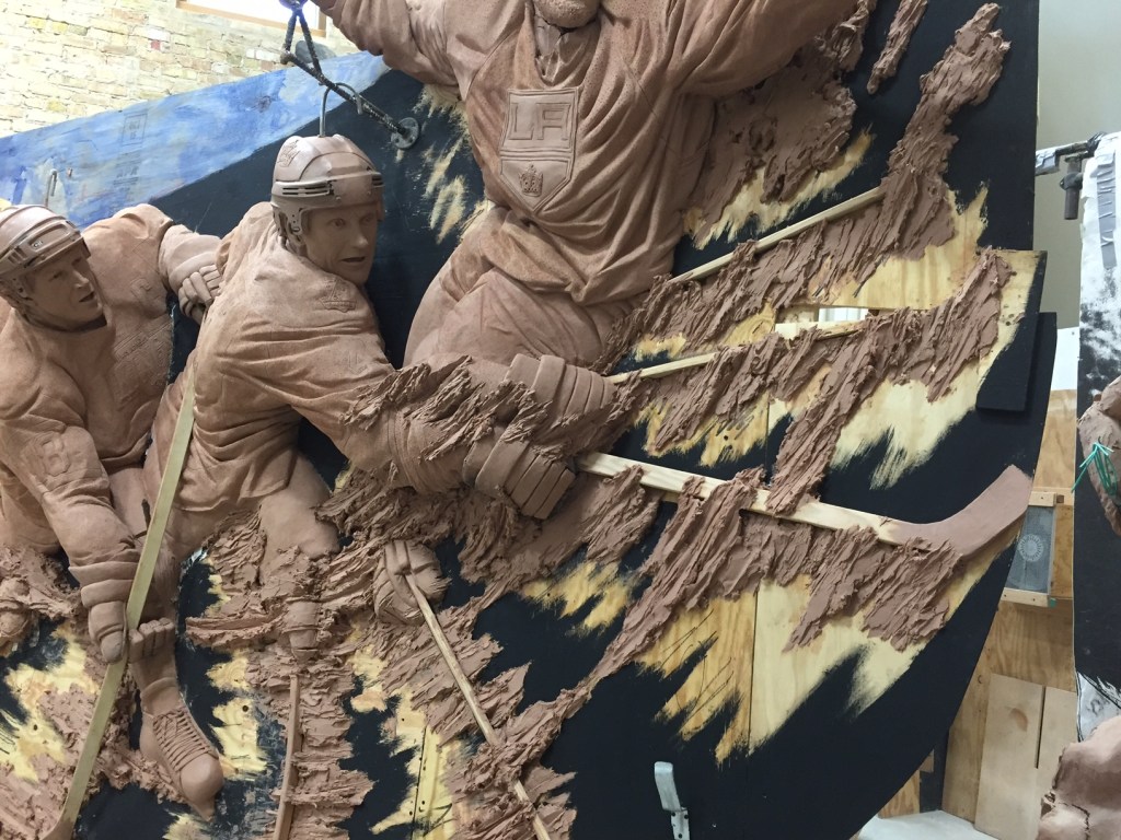 Clay sculpture in progress of LA Kings 50th Anniversary Monument for Staples Center by artist Julie Rotblatt-Amrany