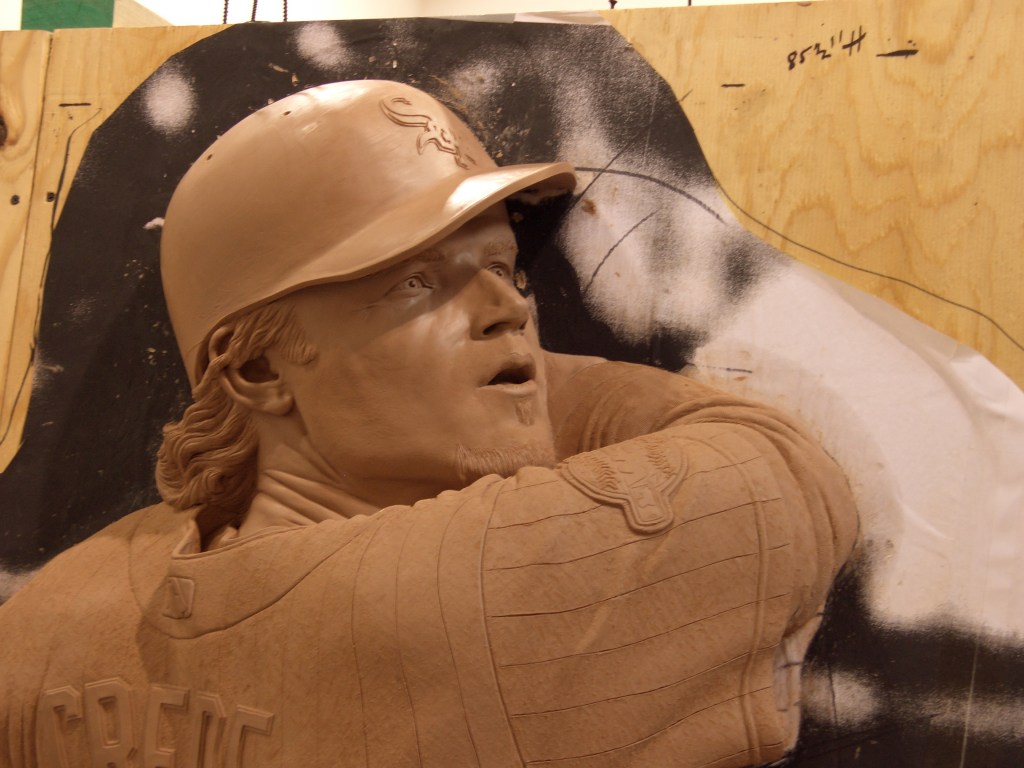 Clay relief sculpture of Joe Crede by artist Julie Rotblatt-Amrany for Chicago White Sox Championship Moments Monument