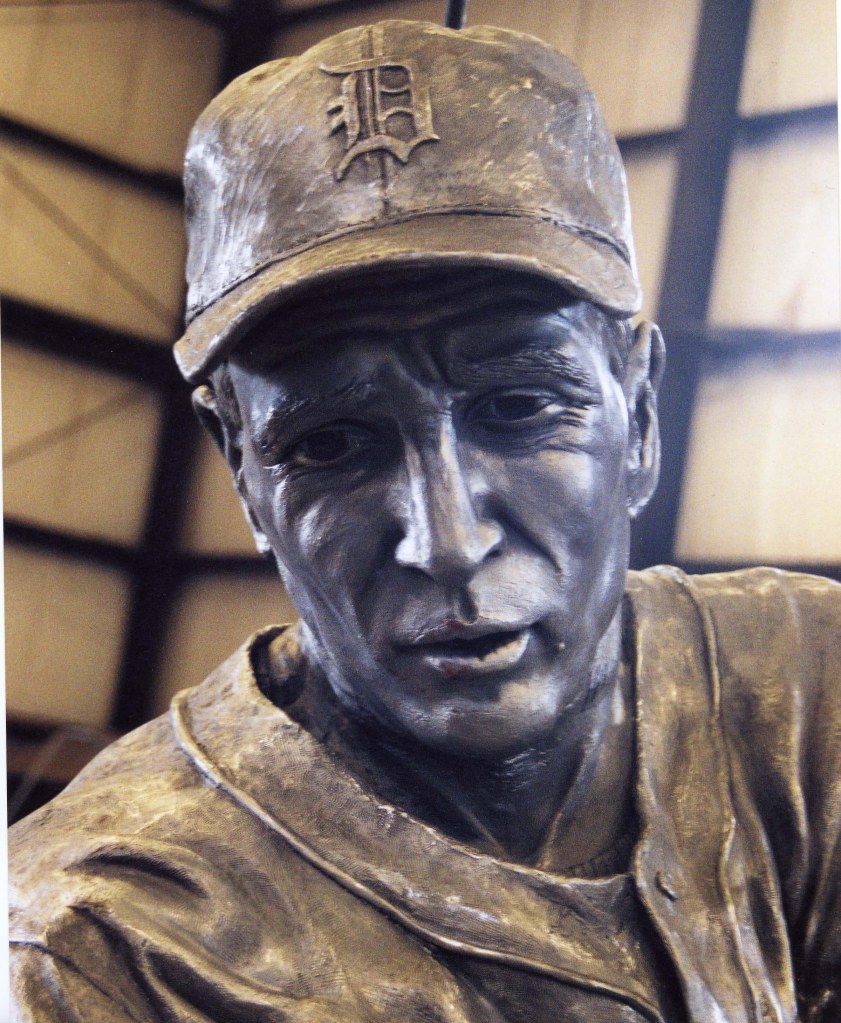 Bronze sculpture of Detroit Tigers player Hank Greenberg by artist Julie Rotblatt-Amrany
