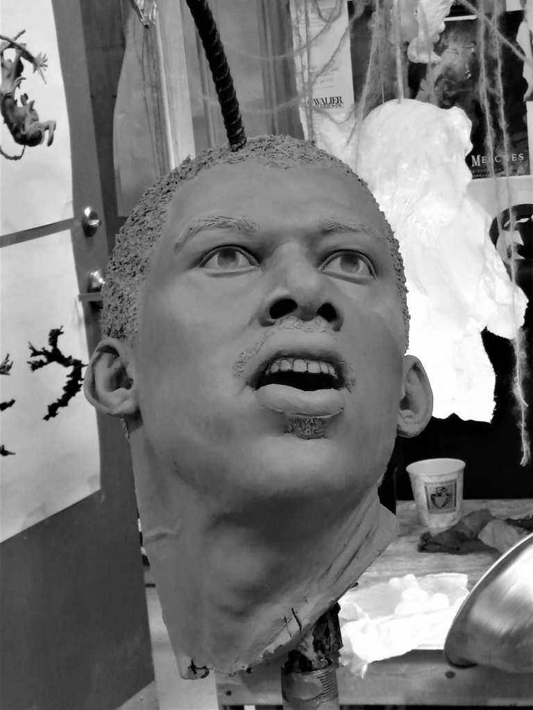 Clay sculpture progress of Kareem Adbul Jabbar by Julie Rotblatt-Amrany for LA Lakers, Staples Center