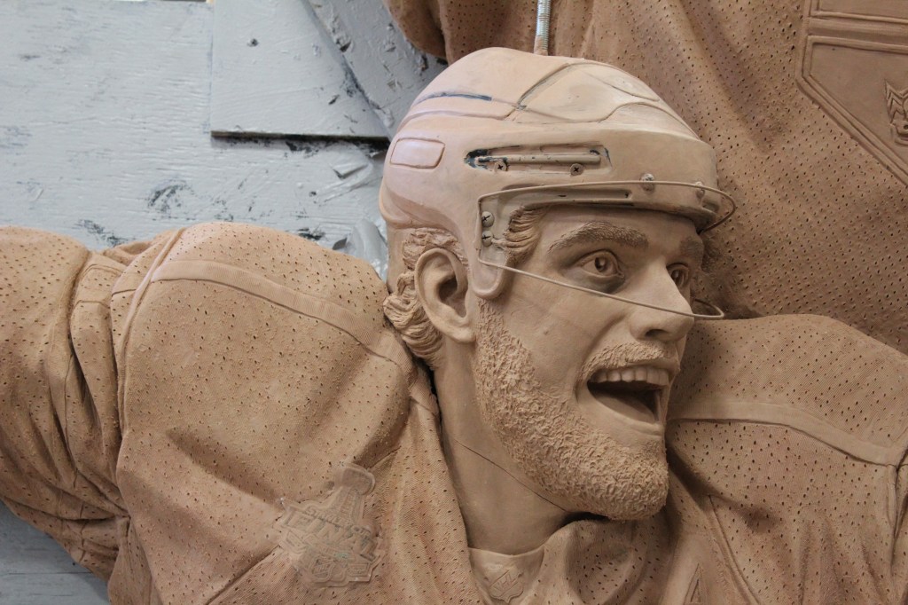 Clay sculpture by artist Julie Rotblatt-Amrany of hockey player Anze Kopitar for the LA Kings