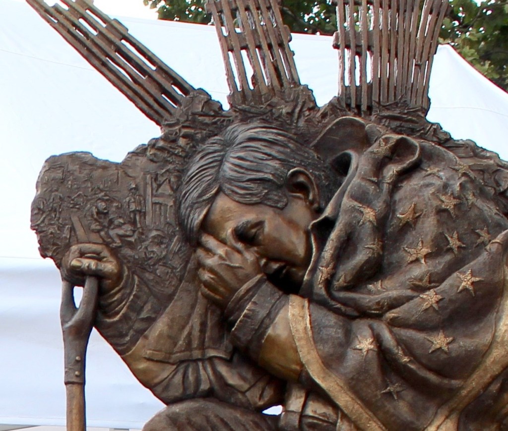 Solace, a bronze and steel memorial sculpture to honor those who lost their lives on 9/11, by artist Julie Rotblatt-Amrany, Highland Park, IL