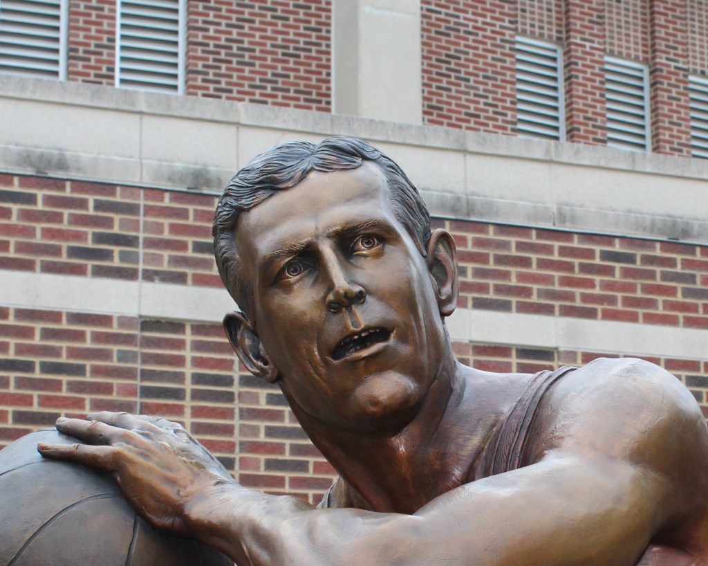 Bronze sculpture closeup of John Wooden for Purdue University by artist Julie Rotblatt-Amrany