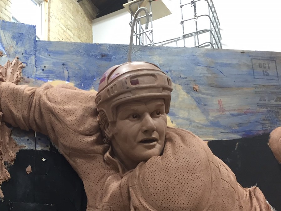 Closeup clay sculpture of Marcel Dionne for LA Kings 50th Anniversary Memorial Monument by artist Julie Rotblatt-Amrany