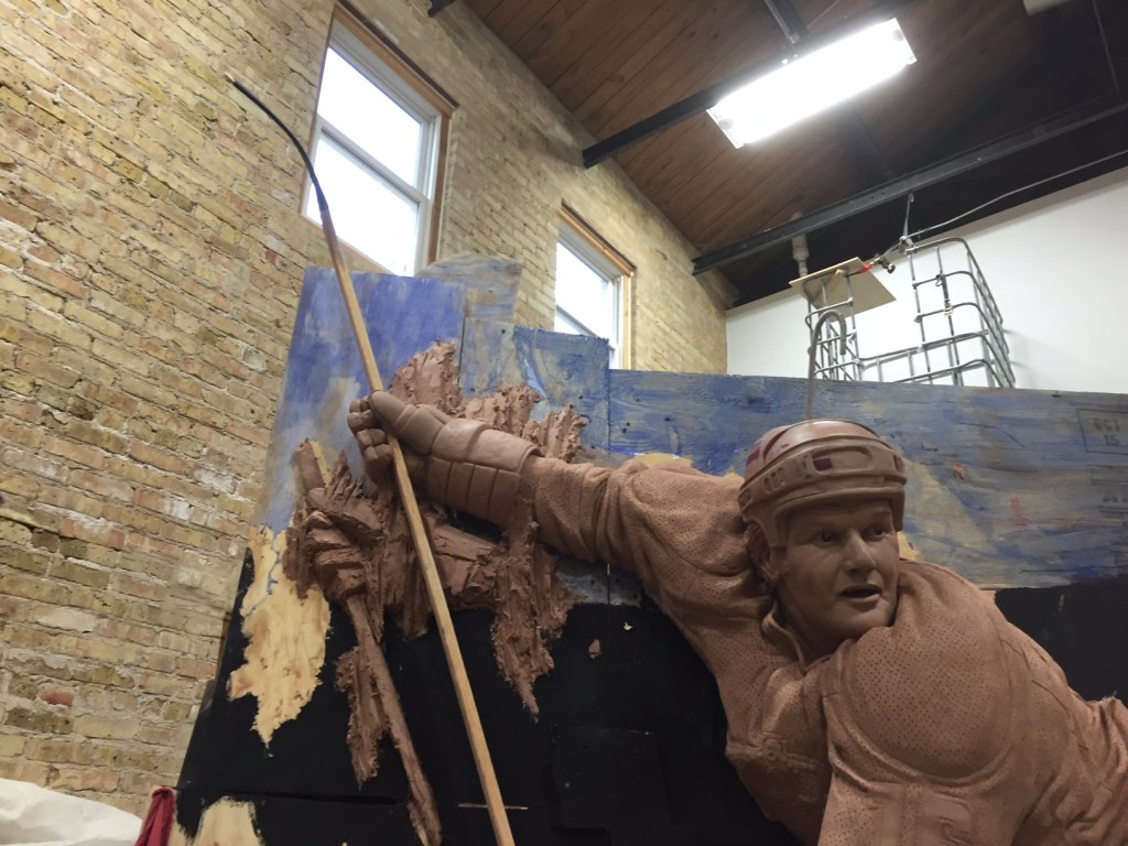 Closeup of LA Kings 50th Anniversary Memorial Monument in clay by artist Julie Rotblatt-Amrany