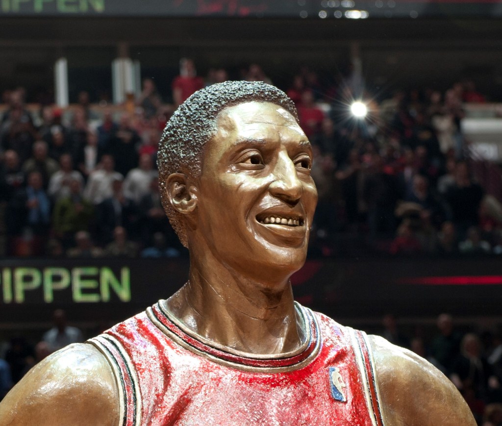 Bronze sculpture of Scottie Pippen for Chicago Bulls by artist Julie Rotblatt-Amrany