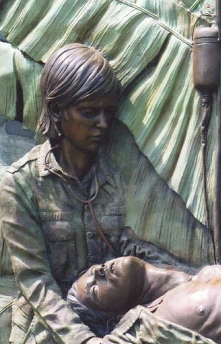 Bronze sculpture of Vietnam War nurse by artist Julie Rotblatt-Amrany in Community Veterans Memorial Park, Munster, IN
