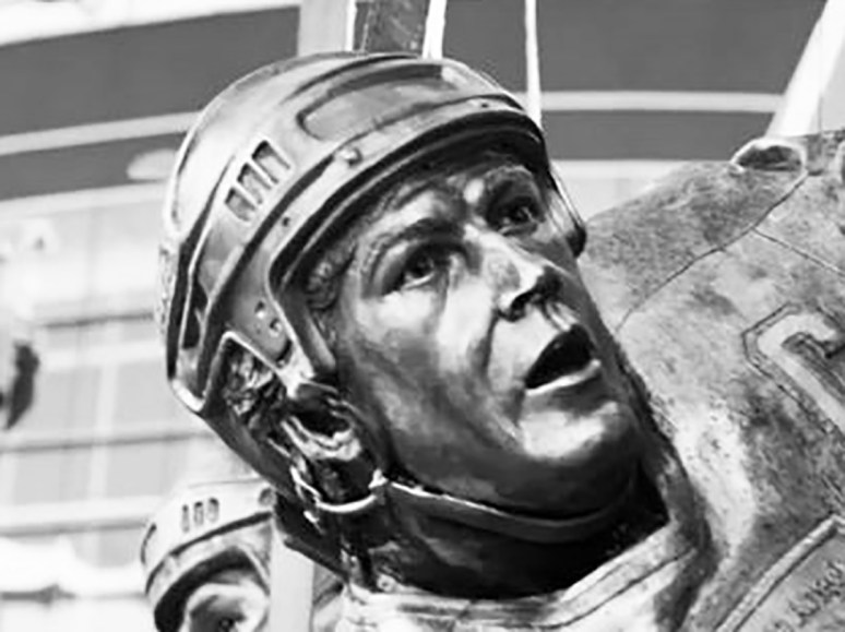 Bronze sculpture of Dave Taylor by Julie Rotblatt-Amrany for LA Kings 50th Anniversary Monument at Staples Center