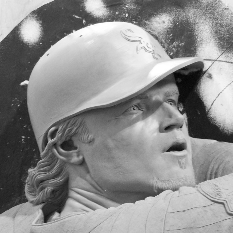 Bronze sculpture of Joe Crede by Julie Rotblatt-Amrany for the Chicago White Sox