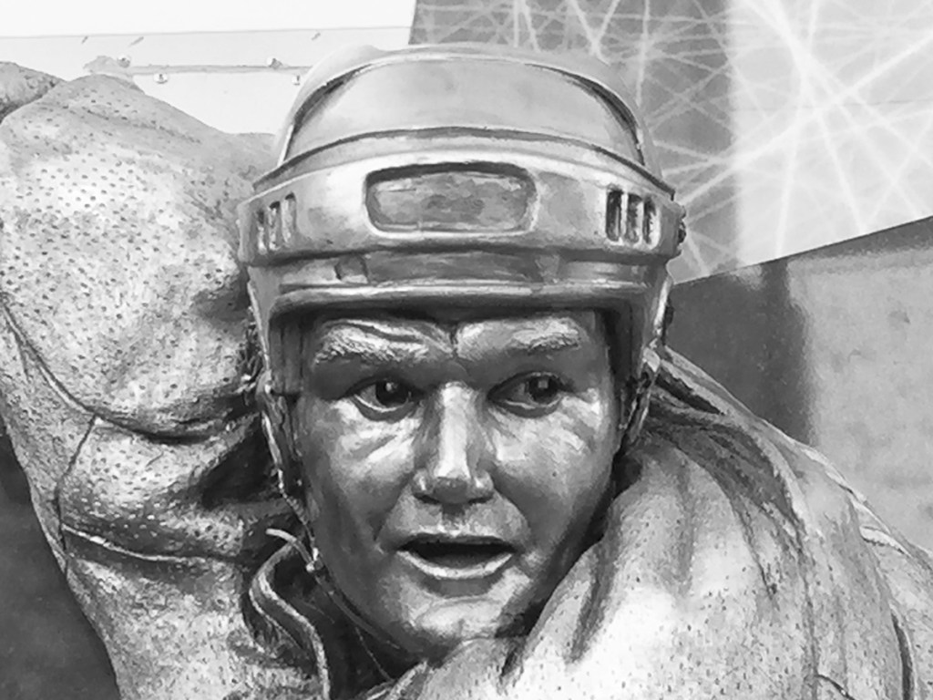 Bronze sculpture of Marcel Dionne by Julie Rotblatt-Amrany for LA Kings 50th Anniversary Monument at Staples Center