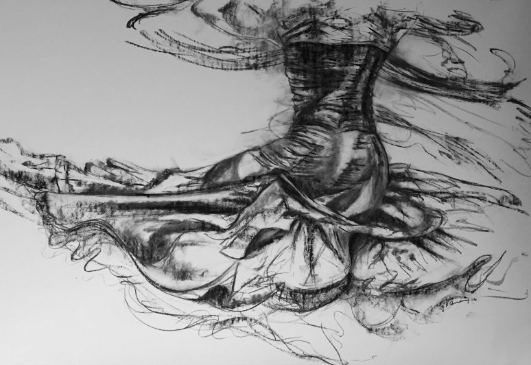 Figurative charcoal drawing by artist Julie Rotblatt-Amrany, Spinning Force